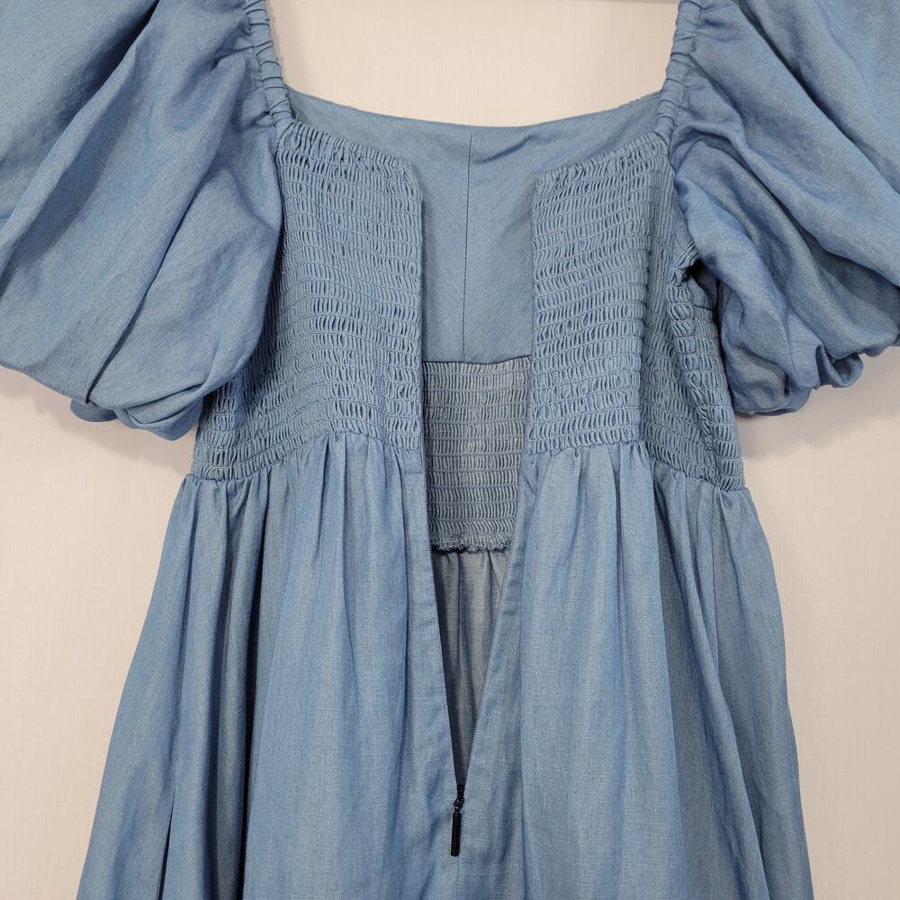 Jason Wu Linen Blend Chambray Square Neck Puff Sleeve Midi Dress size 6 Milkmaid - Picture 11 of 12